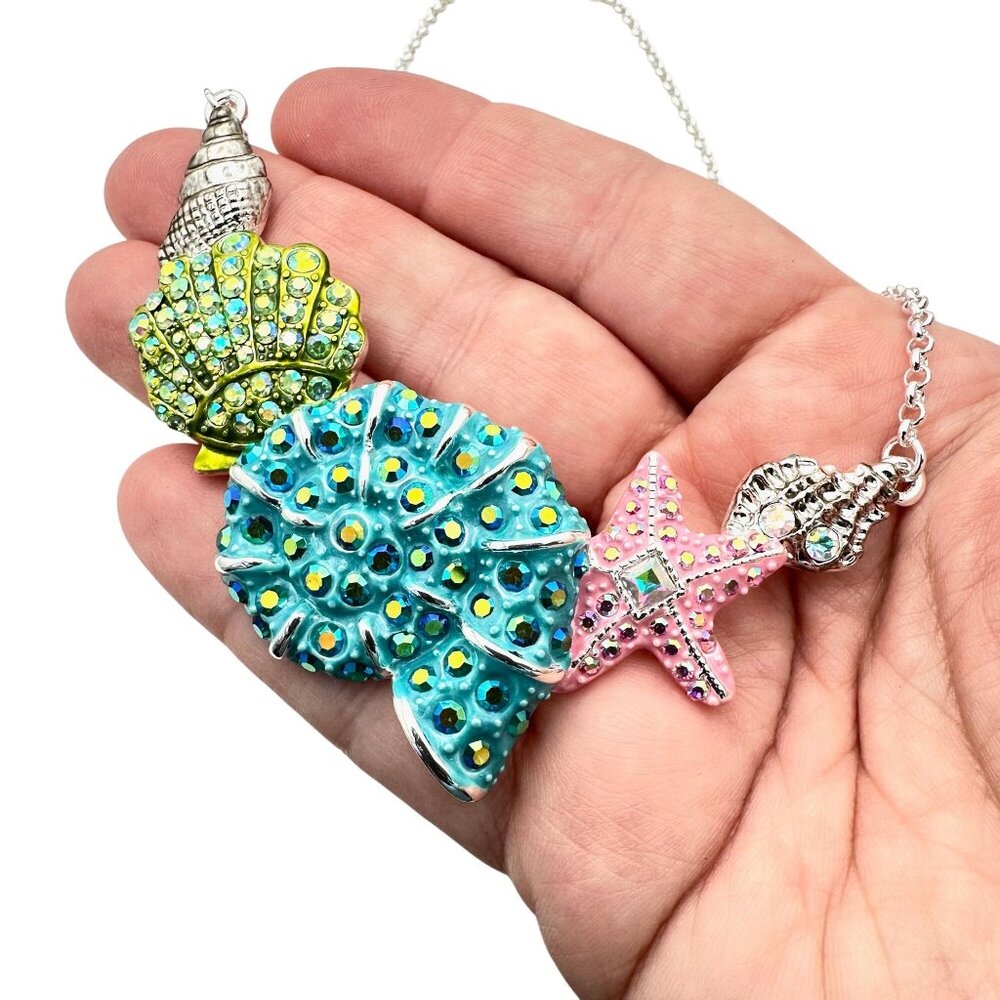 Kirks Folly Womens Necklace Silver Tone Crystal Sea Shells